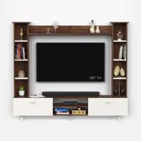 Meuble TV design moderne en bois d'ingénierie Pinn avec étagères pour décodeur, unité de divertissement, livres et décoration.