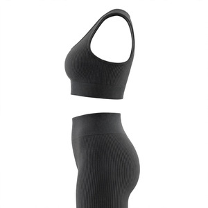 Women's Custom Color Ribbed Yoga Set Square Neck Racerback Sports Bra High Waist Full Length <b>Leggings</b> <b>Seamless</b> Breathable - Product Image 4