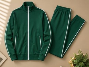 Unisex Green <b>Tracksuit</b> Set Full Sleeve Zipper Stand Collar Solid Color Breathable Polyester Autumn Casual Wear With Side Pockets - Product Image 3