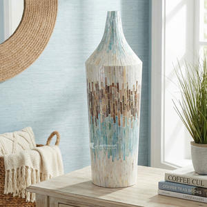 Vase décoratif en nacre, vase sur pied haut avec incrustation de coquillages, porte-fleurs mosaïque multicolore irisé pour salon - Product Image 4