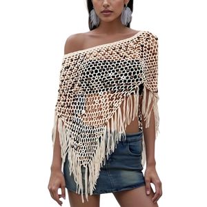 Poncho transparente para mujer, top ligero de punto, bolero de ganchillo, suéter de malla con mangas de murciélago, cubreprendas para playa - Product Image 1