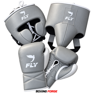 Fly Grey Leather Boxing Gear Set Lace Up Gloves Headgear <b>Groin</b> <b>Protector</b> for Adults - Product Image 5