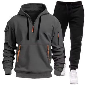 Ensemble de survêtement en coton épais à capuche blanc pour homme, veste à fermeture éclair à manches longues, poches latérales, polyester respirant, vêtements décontractés - Product Image 4