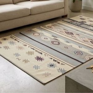 Tapis rectangulaire à motif géométrique gris et blanc, tissage plat, kilim, avec dos antidérapant en caoutchouc, idéal pour salon et usage intérieur – Meilleur prix - Product Image 5