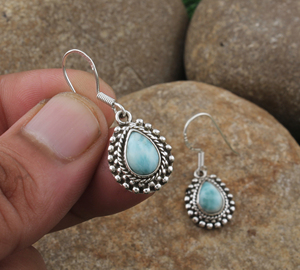 Pendientes de Gota con Larimar Natural, Plata de Ley 925, Hechos a Mano, Piedra Azul de Lujo, Joyería de Piedras Preciosas de Dominica para Mujer - Product Image 2