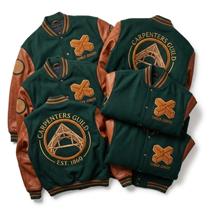 OEM Custom Varsity Letterman Jacket Wool Leather Sleeves Forest Harvest <b>Logging</b> Embroidery Sawbuck Patch Brown Coat - Product Image 3