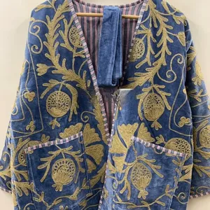 Chaqueta Reversible de Terciopelo Azul Premium 2026, Superventas, para Mujer, Hecha a Mano con Bordado Floral en Hilo y Zari Dorado - Product Image 3