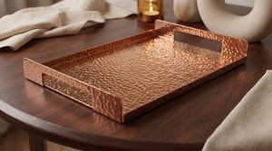 Plateau rectangulaire en cuivre martelé, décoration moderne pour la maison, plateau de service décoratif avec poignées pour la présentation sur la table. - Product Image 2