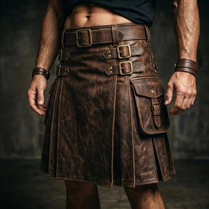 Men's Brown Leather Kilt With Belt And Pockets Sexy <b>Costume</b> For Renaissance Or <b>Gladiator</b> Look - Product Image 2