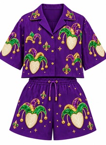 Elegante Conjunto de Top y Shorts a Cuadros Amarillos sin Mangas para Mujer al por Mayor con Bordado de Langosta Morada con Lentejuelas - Product Image 2