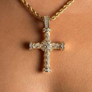 Gold Plated Cross Pendant Necklace with Moissanite Round Brilliant Cut Bezel Setting <b>Rope</b> <b>Chain</b> Unisex Religious Everyday Wear - Product Image 3