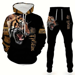 Ensemble survêtement décontracté pour homme avec sweat à capuche et pantalon imprimé tigre, longueur intégrale, cordon de serrage, respirant, en polyester, motif animalier, idéal pour l'automne - Product Image 1
