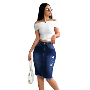 Falda lápiz vaquera elástica azul oscuro para mujer, de cintura alta, ajustada, midi, informal, de corte regular, para uso diario, clásica, otoño/invierno - Product Image 1