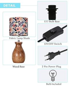 Floral Print Contemporary Table <b>Lamp</b> <b>Wooden</b> Base <b>Bedside</b> Tabletop <b>Lamp</b> Warm Light Bedroom Decor - Product Image 6