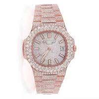 Montre de luxe en or rose et diamants pour femme, cadran octogonal analogique à quartz, bracelet en strass, fermoir déployant, 36 mm
