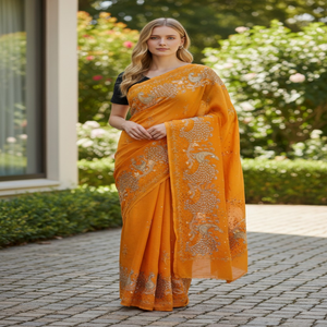 Sari Indio Naranja de Moda, Última Tendencia 2026, con Bordado a Mano, Aspecto Intrincado y Premium, para Uso Festivo - Product Image 1