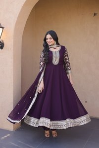 TENNECY Women's Fancy Design Anarkali Gown-Pant Dupatta Set Faux Blooming Embroidery Zari <b>Sequins</b>-work Quick Dry Wrinkle Free - Product Image 2