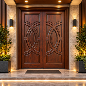 Puerta Doble de Entrada de Madera Sólida Europea Moderna con Diseño Circular y Apertura Abatible para Apartamentos y Villas de Lujo - Product Image 1