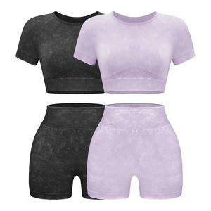 Conjunto Deportivo de 2 Piezas para Mujer, Top Corto de Manga Corta y Pantalones Cortos de Cintura Alta, Tejido Sólido Transpirable, Primavera Verano - Product Image 1