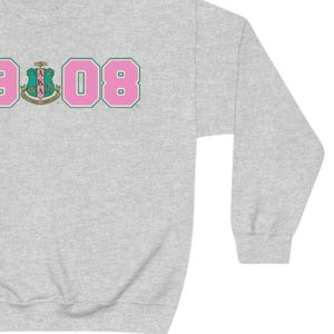 Heather Gray Crewneck Sweatshirt with Pink and <b>Green</b> 1908 Graphic Print Long Sleeve Cotton Fleece Casual Women's Pullover - Product Image 3