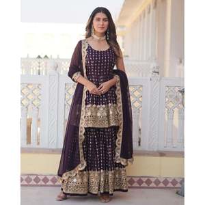 DISEÑADOR GEORGETTE BORDADO SECUENCIA TRABAJO TOP SHARARA CON DUPATTA VINO - Product Image 1