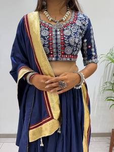 Traditional Indian Pakistani Women's Cotton Dress Set Navy Blue Red Embroidered Floor-Length Regular Fit All Seasons - Product Image 2