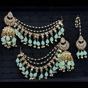 Premium Austrian Stone and <b>Mirror</b> Jhumki <b>with</b> Maangtikka 10575476MG Fashion Jewelry Set - Product Image 1