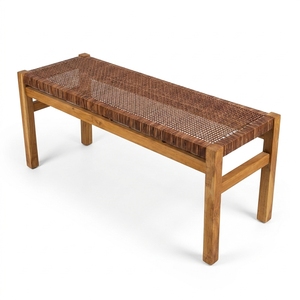 Modern Minimalist Ciaro Wooden <b>Bench</b> Natural Solid Teak Wood Brown Rattan Webbing Comfortable Lightweight & Durable Patio Garden - Product Image 1