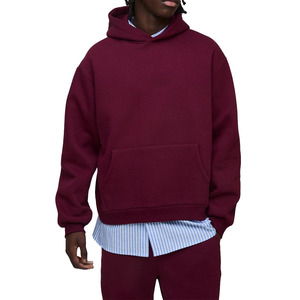 Sweat-shirt à capuche oversize pour homme, couleur bordeaux unie, en coton tricoté, avec poche, style décontracté, coupe classique, pour l'automne - Product Image 1