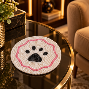 Premium <b>Glass</b> Beaded Paw Print <b>Coaster</b> for Dining Table | Decorative Round Drink Mat for Kitchen Home Decor Tabletop Accessories - Product Image 3