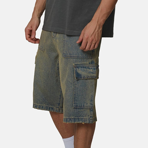 Men's Washed Denim Cargo Shorts Mid Waist <b>Elastic</b> Closure Casual Bermuda Style With Pockets Solid Color Canvas Material - Product Image 1