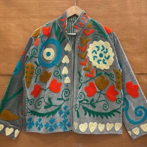 Vintage Embroidered Velvet <b>Jacket</b> <b>Women</b> Boho Floral <b>Zip</b> <b>Up</b> Coat Ethnic Folk Art Outerwear Mandarin Collar Full Sleeve - Product Image 1