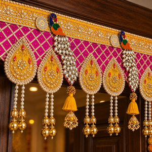 Toran brodé main de qualité supérieure, écologique, avec motifs paon, pompons perlés et breloques dorées, réutilisable pour Diwali, mariages et décoration intérieure - Product Image 2