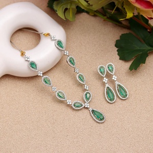 Premium Colombian Emerald Necklace Set Pear Shape Lab Grown 22K Gold Plated Brass Adjustable Bridal Jewelry for Women - Product Image 2
