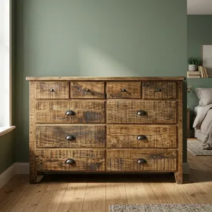 Cómoda Rústica de Madera Marrón con 10 Cajones y Acabado Natural, Mueble de Almacenamiento para Sala de Estar, Dormitorio y Hogar - Product Image 3