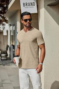 Camiseta con cuello en V para hombre, de algodón de primera calidad, informal, de manga corta, ajustada, transpirable, ligera, de tela suave, para uso diario, ropa básica de moda - Product Image 4
