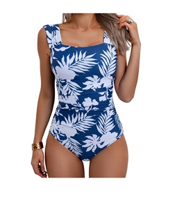 Traje de Baño Retro de Una Pieza para Mujer, Cuello Cuadrado, Estampado por Sublimación, Fruncido, Cobertura Completa, Estilo Modesto - Product Image 5