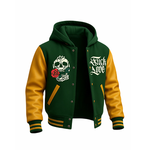 Blouson universitaire pour homme avec imprimé crâne et roses « Love » – Bomber à capuche vert et or tendance pour le streetwear et le style décontracté - Product Image 1