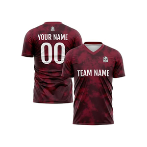 Conjunto de Camiseta y Pantalones Cortos de Fútbol Personalizados para Hombre, Cuello en V, Sublimados, Camuflaje Rojo y Negro, Secado Rápido, Antibacterianos, 100% Poliéster, Deportivos - Product Image 3