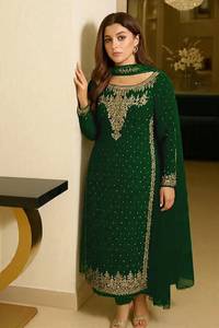 Élégant Salwar Kameez en Soie Brodé Bleu Marine, Coupe Ample Longueur Ras du Sol, Tenue de Mariage Indienne/Pakistanaise pour Femme, Toutes Saisons, Livraison Rapide - Product Image 2