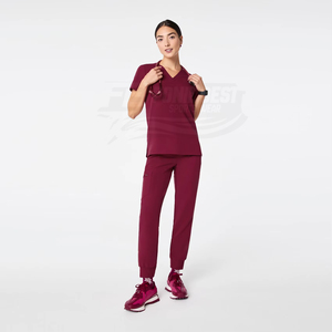 Women V Neck Knitted Cotton <b>Scrub</b> <b>Top</b> Maroon Hospital Uniform Blouse with Pockets for Medical Staff - Product Image 2