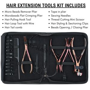 Kit d'outils de pose d'extensions capillaires noires pour coiffeurs : Pince à sertir plate, Pince à bandes adhésives, Enfileur de micro-anneaux, Boucles et pinces blanches - Product Image 2