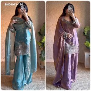 Collection de costumes plazzo et dupatta en soie fantaisie de créateur, entièrement brodés avec des sequins, entièrement cousus, fournisseur de Surat. - Product Image 2