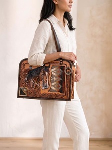 Vintage <b>Hand</b>-Carry <b>Mini</b> Bag with Horse Embroidery and Tribal Pattern Clasp Closure Large Capacity Cotton Lining All Seasons - Product Image 4