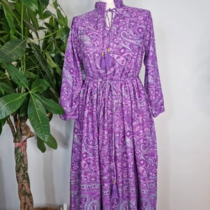 Vestido Midi Paisley Floral Estampado de bloque indio Algodón transpirable Elegante Cómodo Verano Ropa de día Casual con cintura natural - Product Image 1