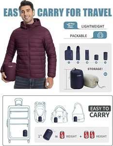 Men's Lightweight <b>Packable</b> Down Coat Waterproof Winter Hooded <b>Jacket</b> Custom Quilted 100% Down Filled Casual Storage Pouch - Product Image 3