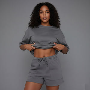 Conjunto de 2 Piezas Personalizado de Algodón 100% para Mujer, Estilo Casual de Verano, Estilo Urbano, Sólido, por Encima de la Rodilla, con Logotipo Impreso Personalizado, Talla Grande - Product Image 2