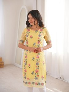 Indian Designer Women's Silk Kurti Pent Heavy <b>Chikankari</b> Embroidery Georgette Silk Fabric Wedding/Party Wear Semi-Stitched - Product Image 1
