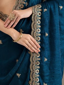 Sari brodé bleu, tenue ethnique traditionnelle pour femmes, bordure florale, dupatta, tenue de fête et de mariage - Product Image 4