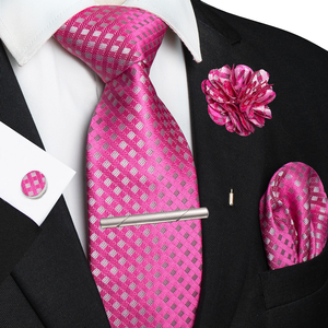 Corbatas a cuadros marrones y amarillas para hombre, conjunto de lujo de corbata de seda de 8 cm, pajarita, pañuelo de bolsillo y gemelos, accesorios para negocios, fiestas y bodas - Product Image 6